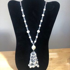 White Pearl & Clear Bead Necklace Tassel